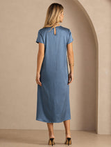 [Real Teal] SilkSilky-UK Short Sleeve Crew Neck Dress 002
