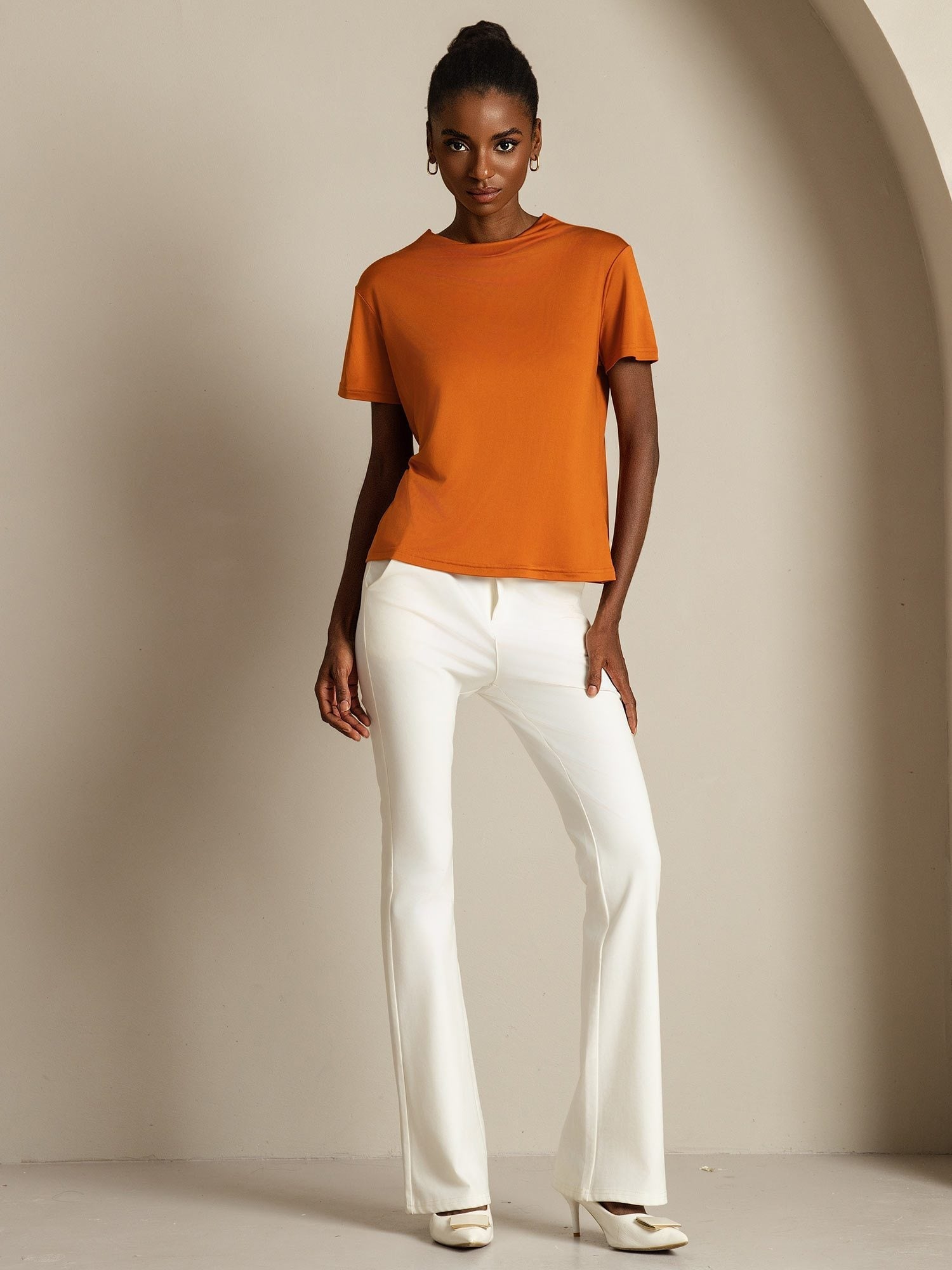 [Orange] SilkSilky-UK Pure Silk Collar Women's T-Shirt 007