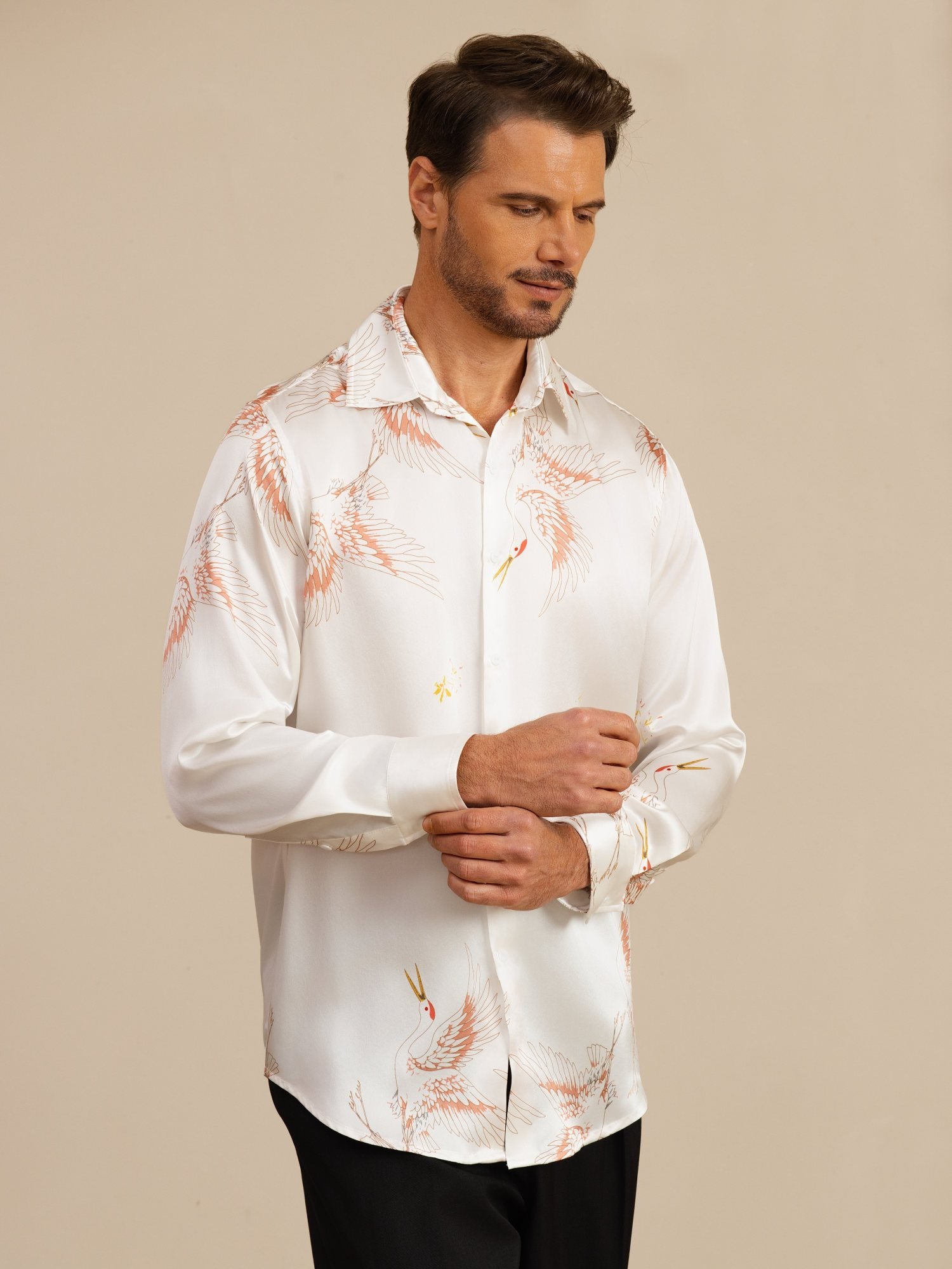 [White] SilkSilky-UK 19Momme Long Sleeve Lapel Collar Men's Shirt 001