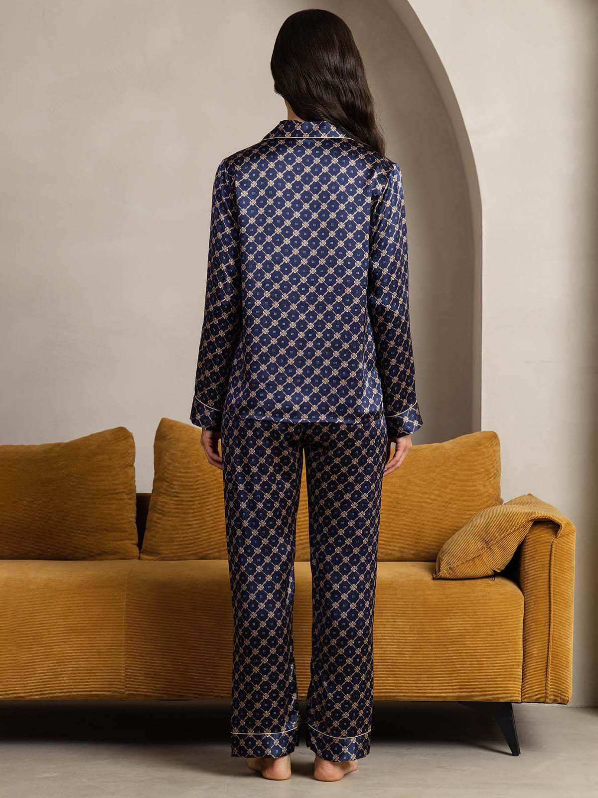 [Navy Chain] SilkSilky-UK Pure Silk Womens Pajamas 002