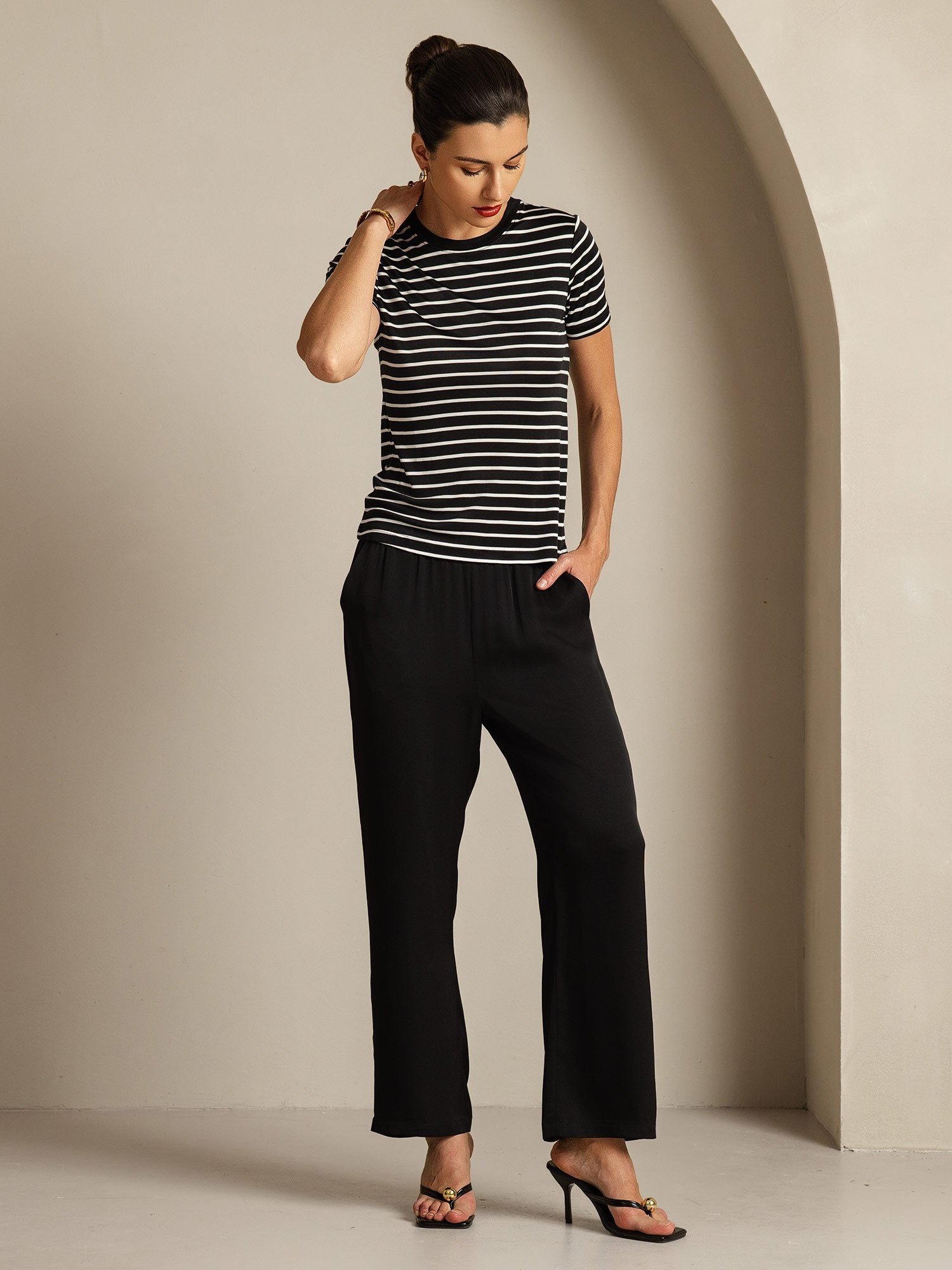 [BlackStripe] SilkSilky-UK Pure Silk Crew Women's T-Shirt 007