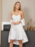 SilkSilky UK Pure Silk 3/4 Sleeve Nightgown&Robe Set White 004