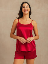 [Wine] SilkSilky-UK 19Momme Machine-Washable Silk Spaghetti Strap Round Neck Camisole Set 003