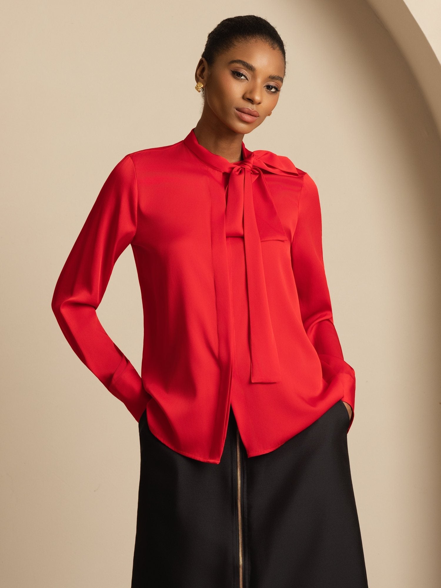 [Wine] SilkSilky-UK 19Momme Silk Long Sleeve Tie Neck Blouse 003