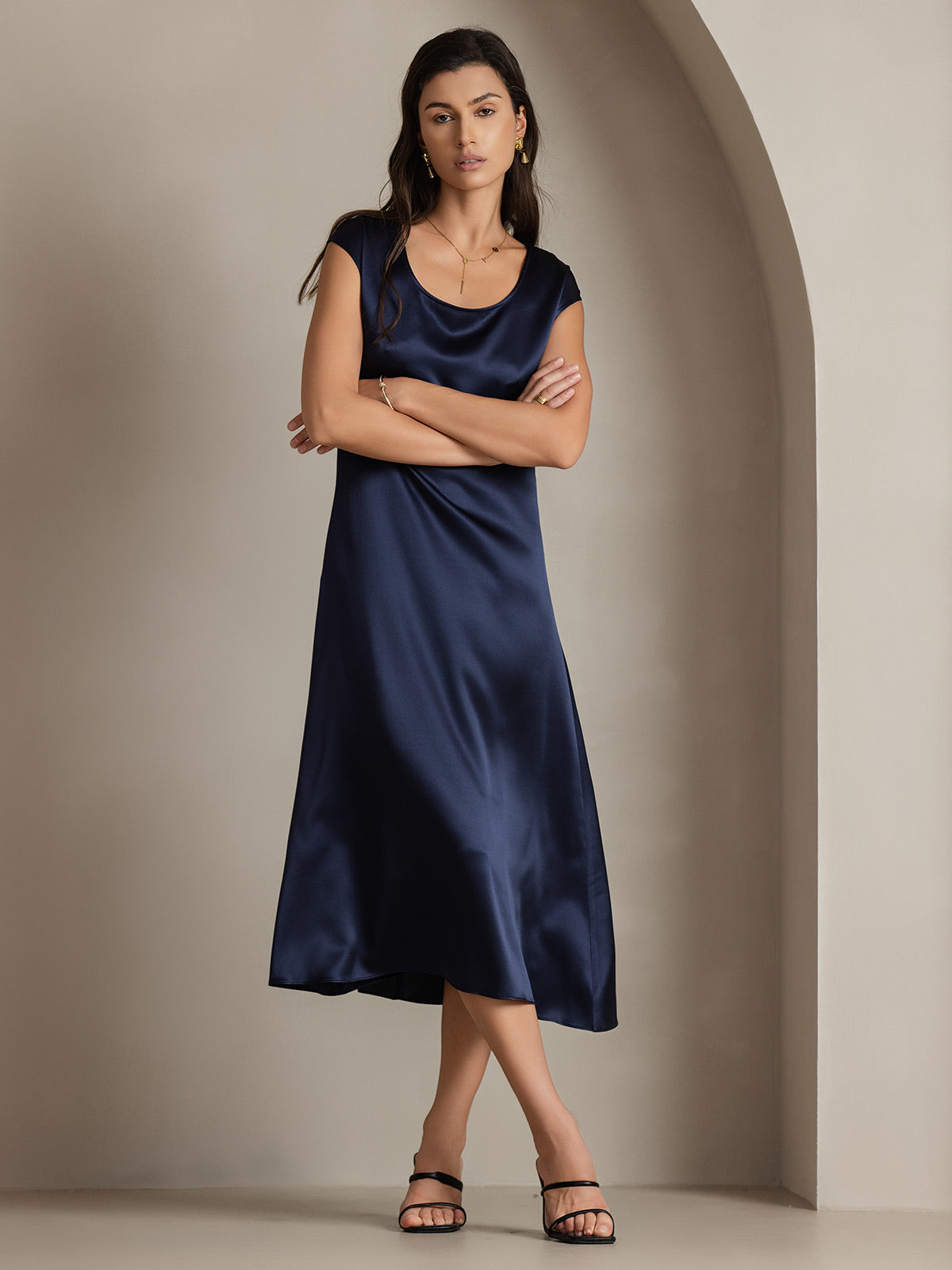 [Dark Blue] SilkSilky-UK 19Momme Silk Round Neck Dress 002
