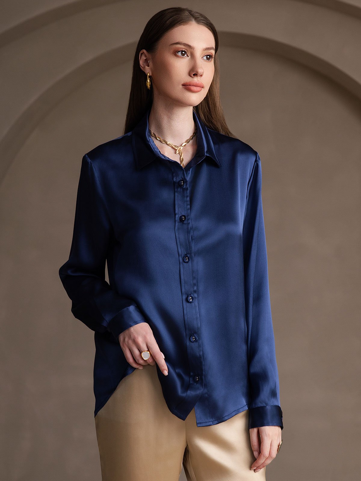 SilkSilky UK 19Momme Silk Long Sleeve Collar Women's Shirt DarkBlue 003