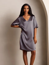 [Purple Gray] SilkSilky-UK Half Sleeve V Neck Nightdress 005