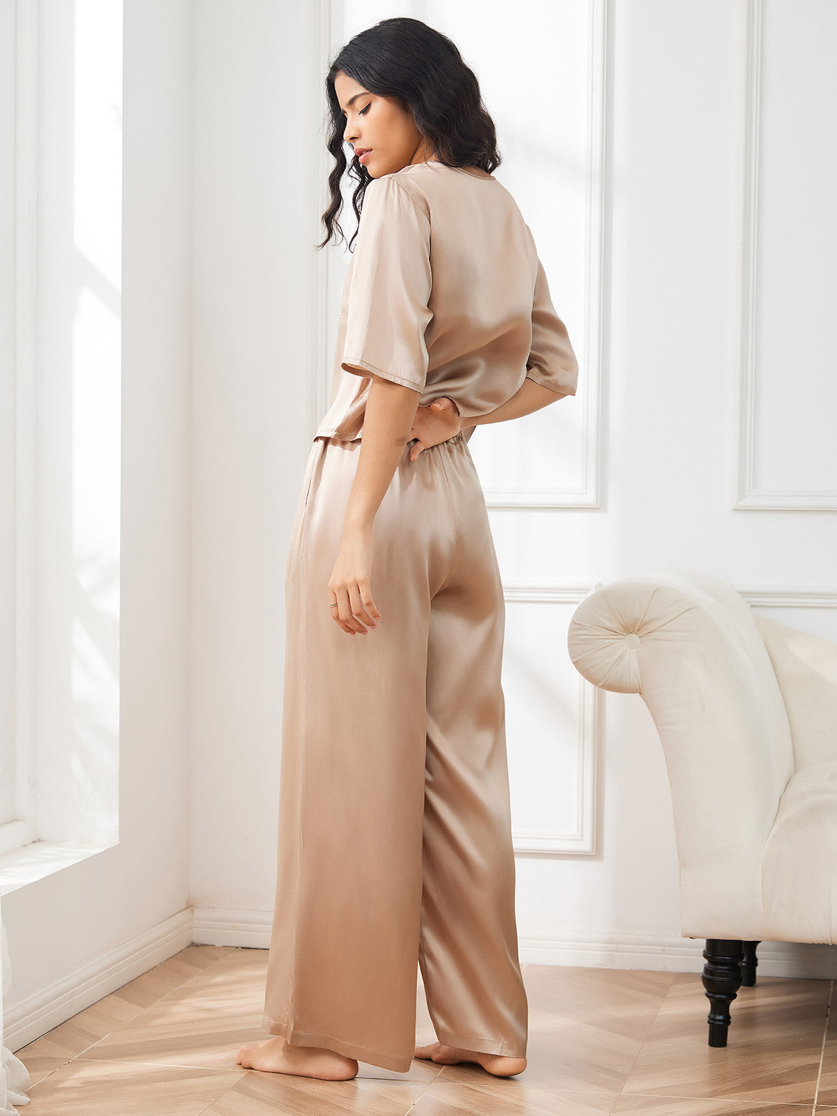 [Champagne] SilkSilky-UK Half Sleeve Round Neck Women's Pyjamas 002