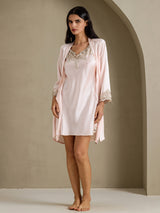 [Pink] SilkSilky-UK 3/4 Sleeve V Neck Nightdress&Dressing gowns 009