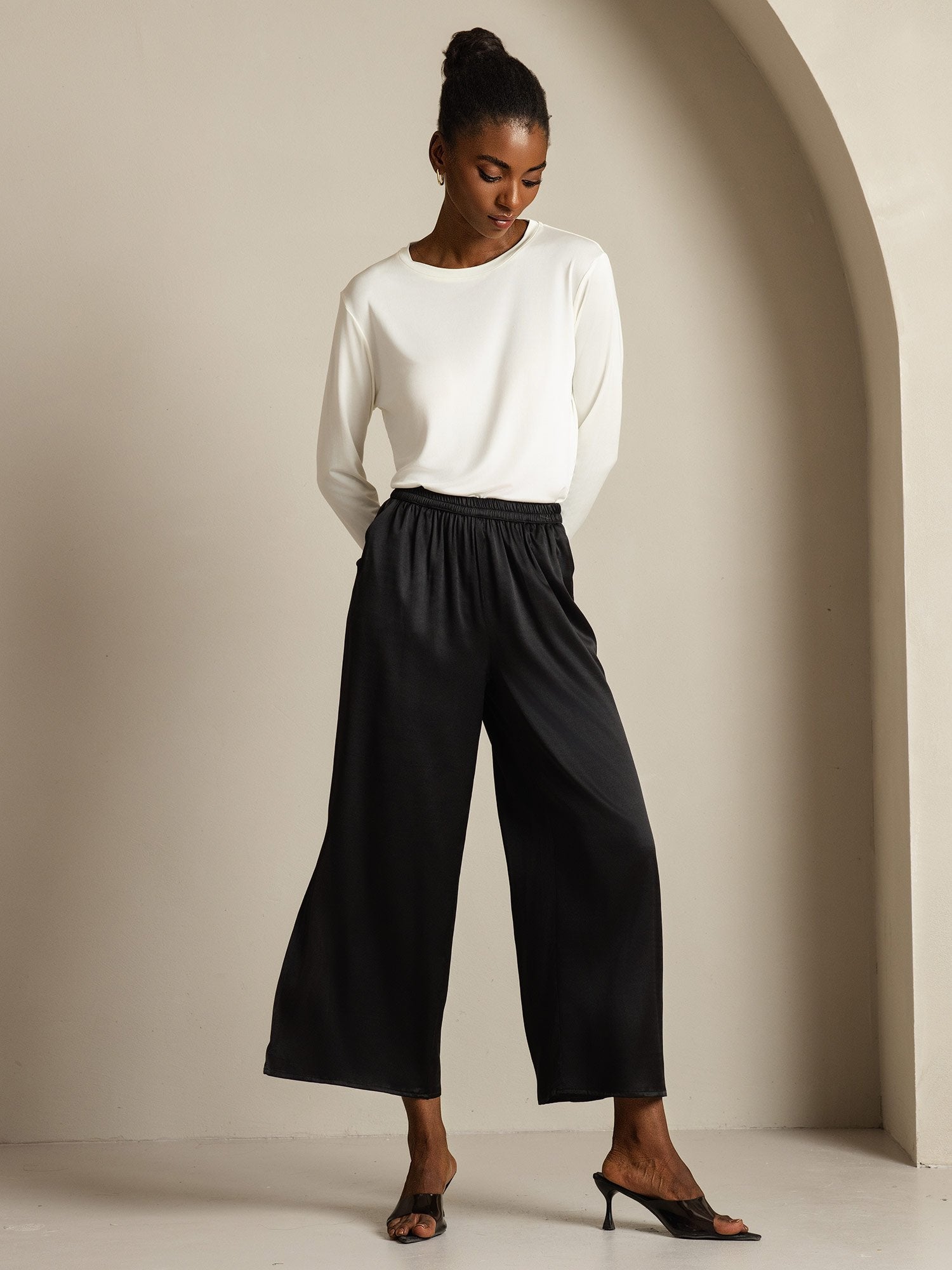 [White] SilkSilky-UK 100% Silk Jersey Long Sleeve Crew Neck Women's T-Shirt 008