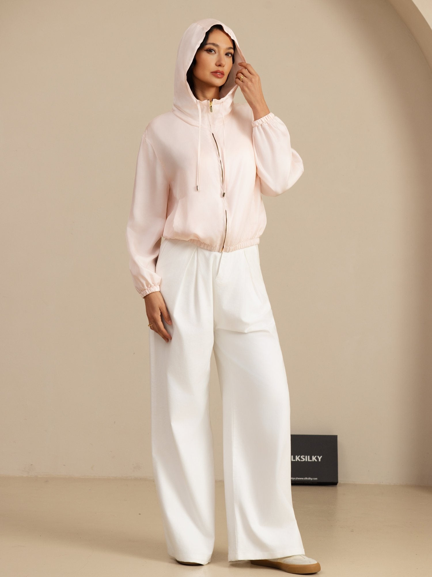 [Pink] SilkSilky-UK 18Momme Silk Satin Surah Long Sleeve Stand Collar Women's Outerwear 007