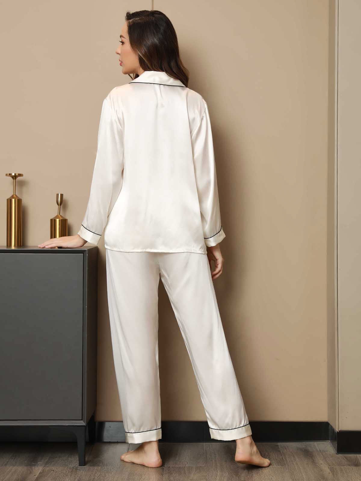 SilkSilky-UK Pure Silk Long Sleeve Lapel Women's Pyjamas White 002