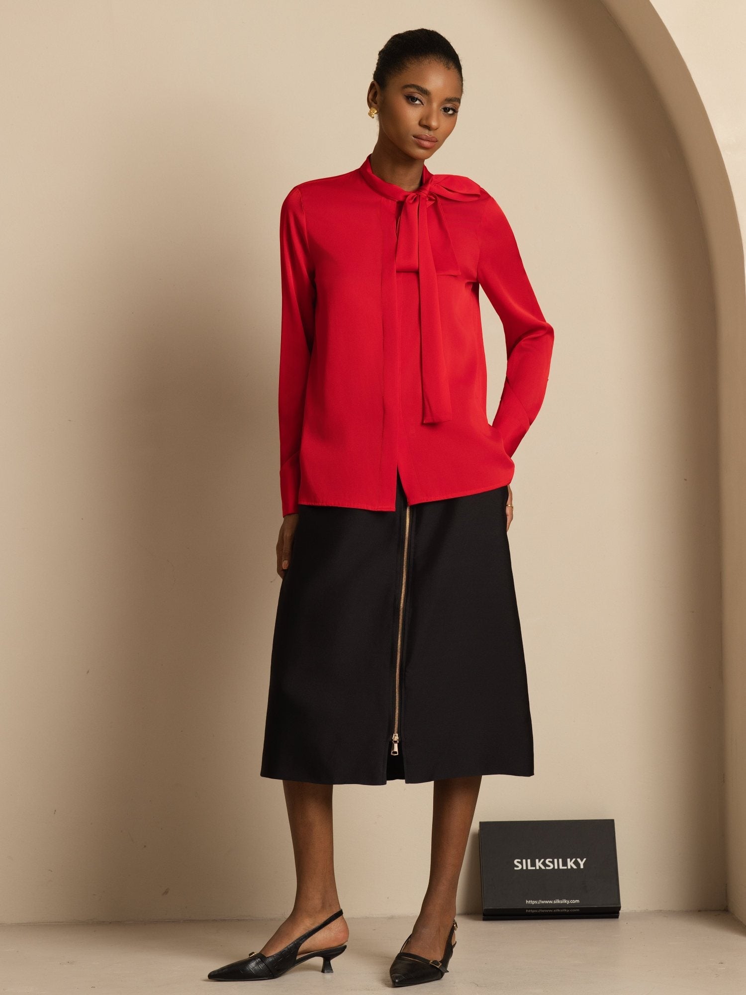 [Wine] SilkSilky-UK 19Momme Silk Long Sleeve Tie Neck Blouse 001