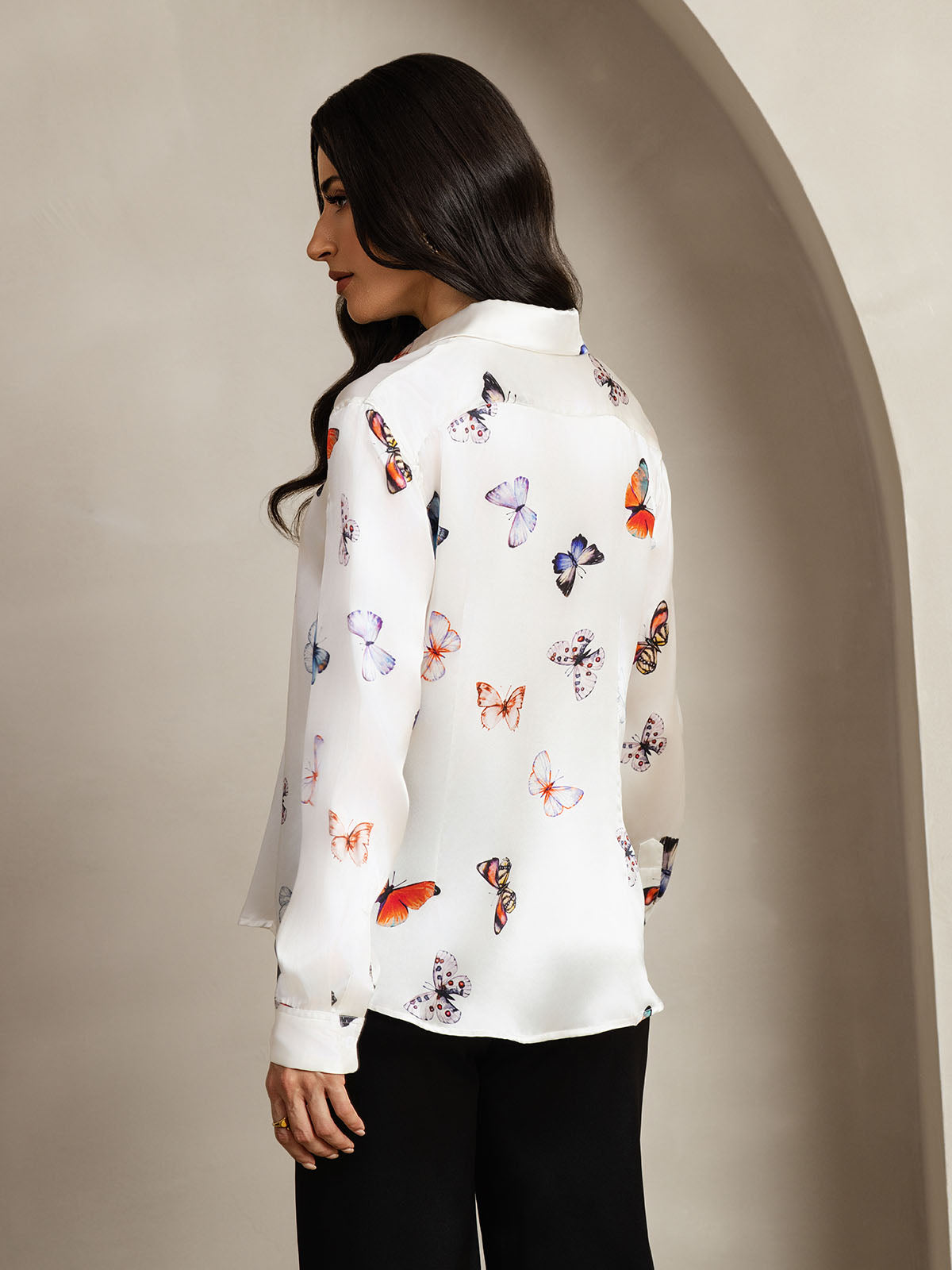 [White Butterfly] SilkSilky-UK Silk Long Sleeve Collar Women's Shirt 002