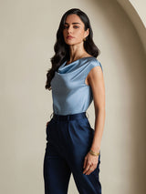 [Grayish Blue] SilkSilky-UK Cap Sleeve Cowl Neck Women's T-Shirt 004