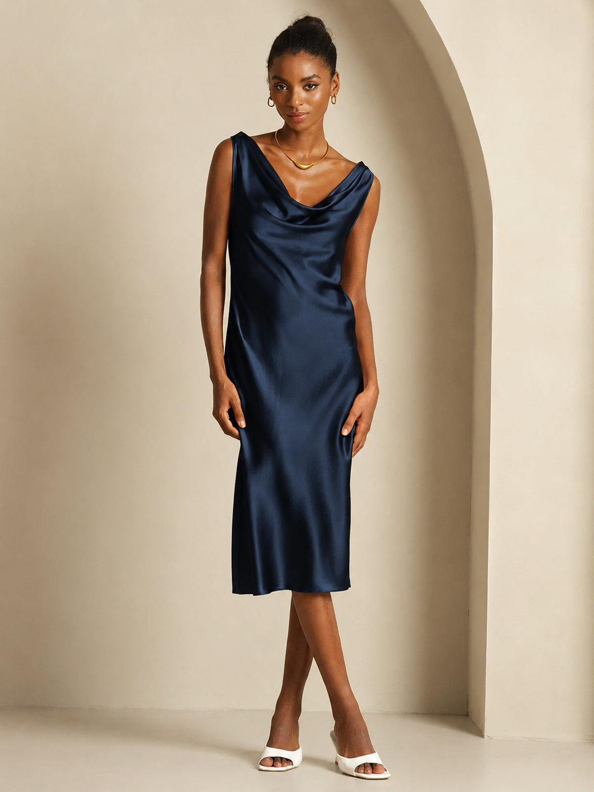 [Dark Blue] SilkSilky-UK Sleeveless Cowl Neck Dress 001