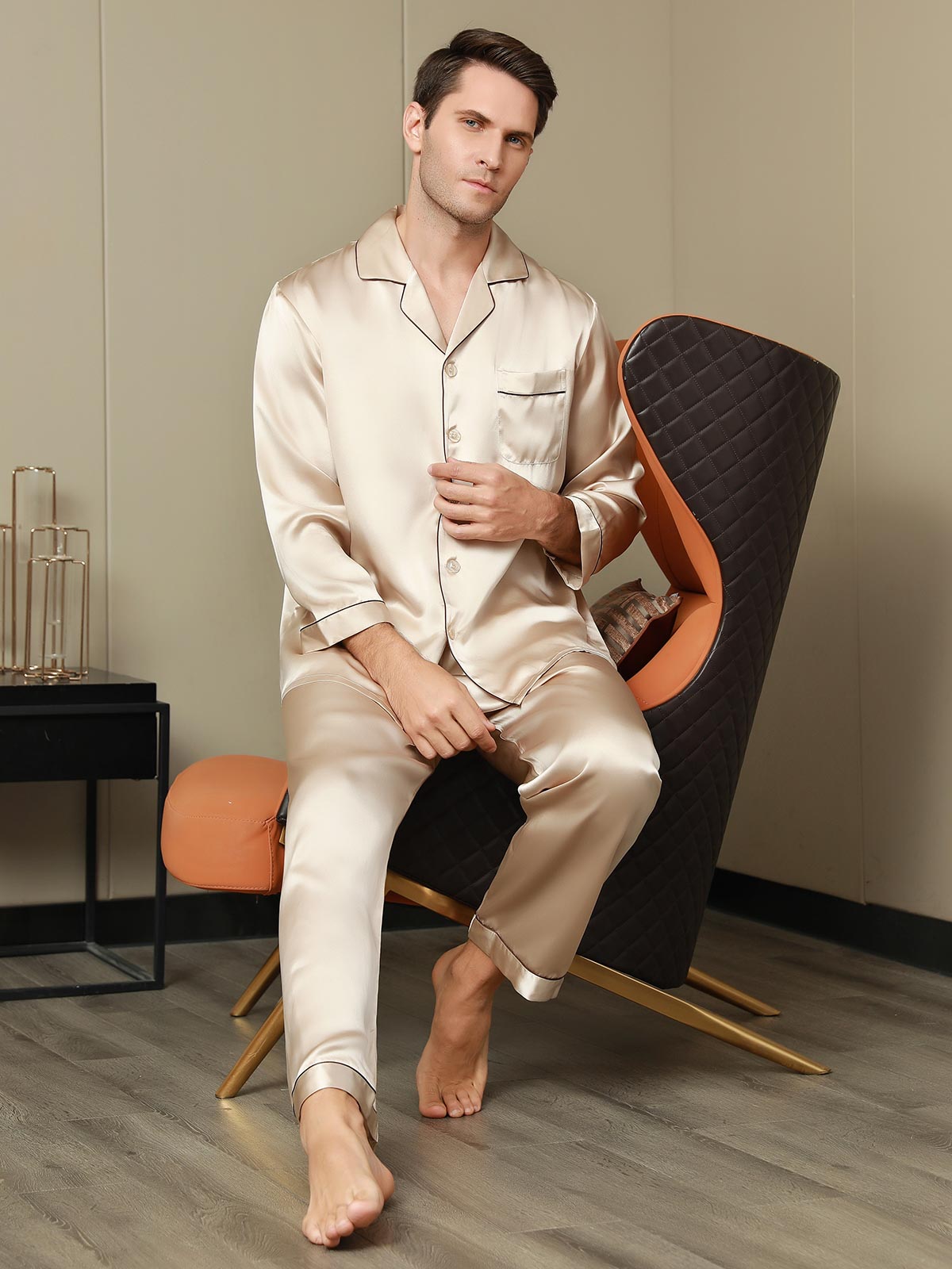 SilkSilky UK Pure Silk Long Sleeve Lapel Men's Pyjamas Tan 001