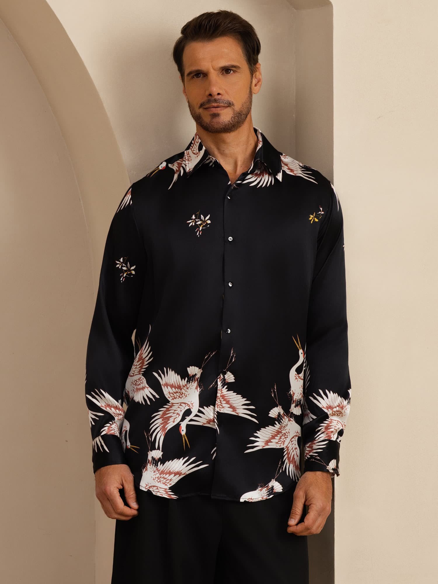 [Black] SilkSilky-UK 19Momme Long Sleeve Lapel Collar Men's Shirt 006