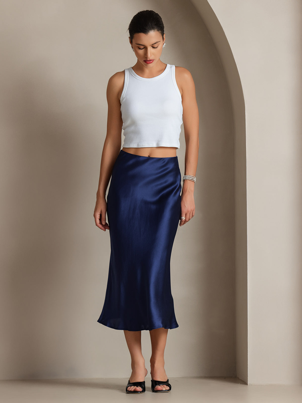 [Dark Blue] SilkSilky-UK 19Momme Pure Silk Skirt 005,