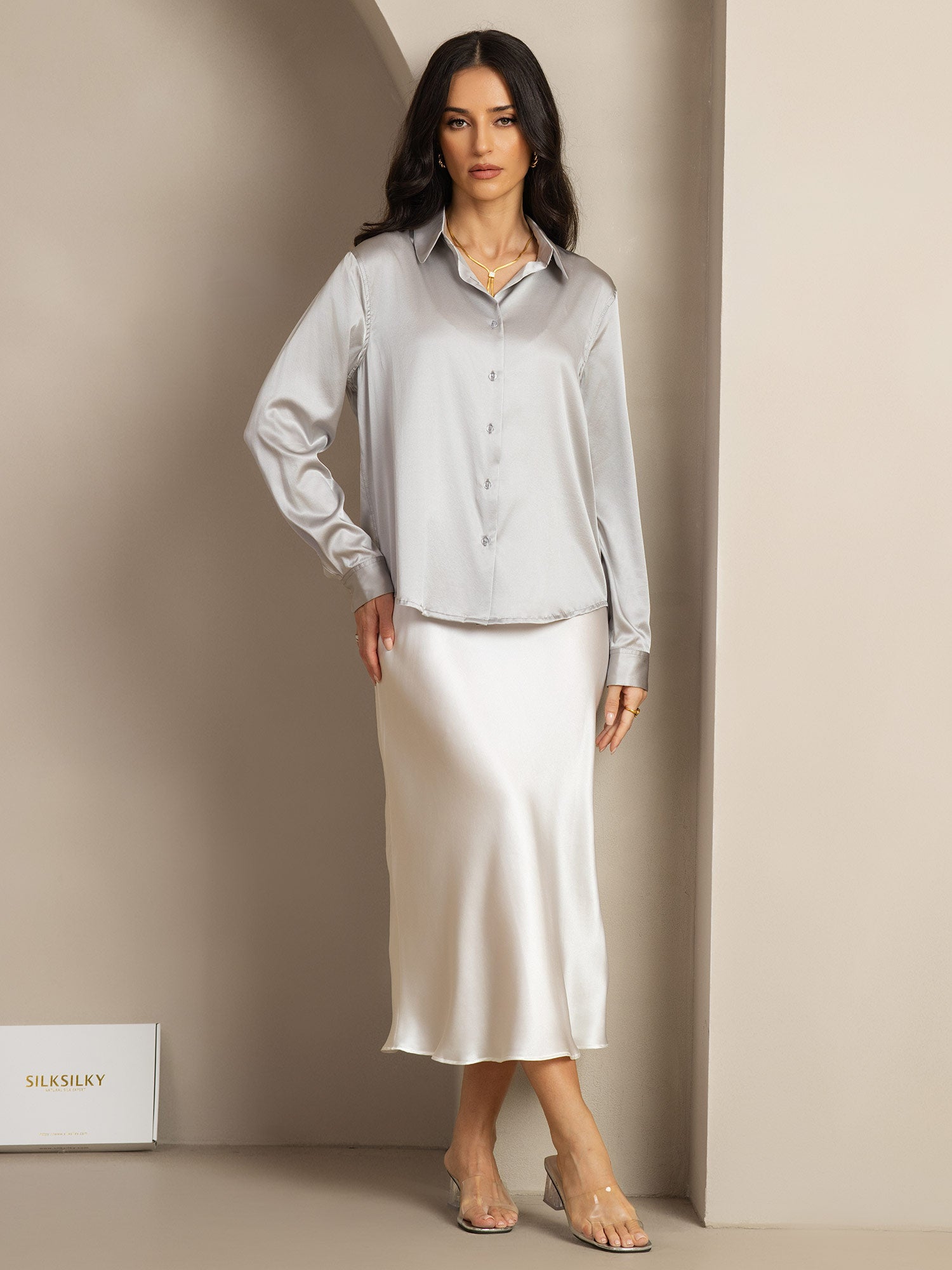 [Light Gray] SilkSilky-UK Silk Collar Women's Shirt 004