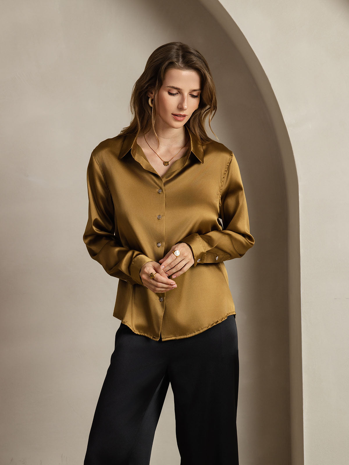[Bronze] SilkSilky-UK Silk Long Sleeve Collar Women's Shirt 006