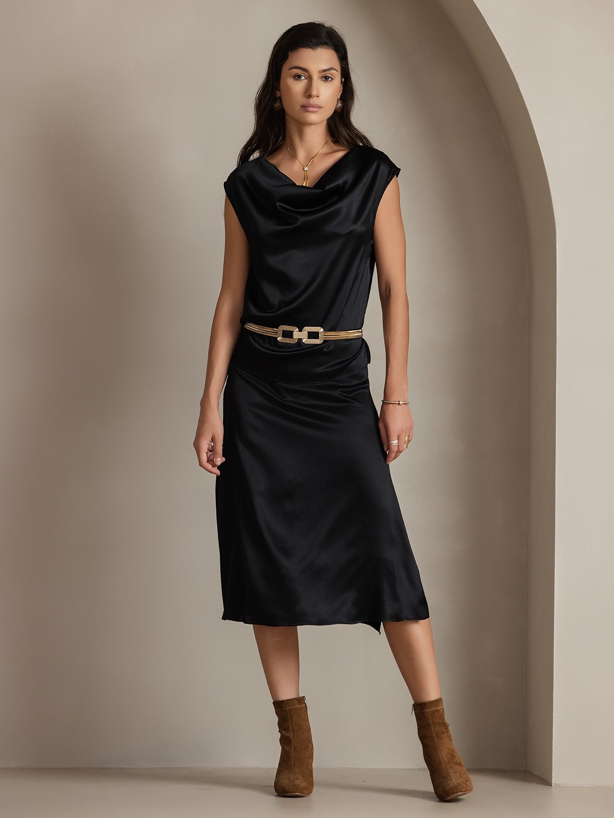 [Black] SilkSilky-UK 19Momme Silk Cap Sleeve Cowl Neck Women's T-Shirt 001