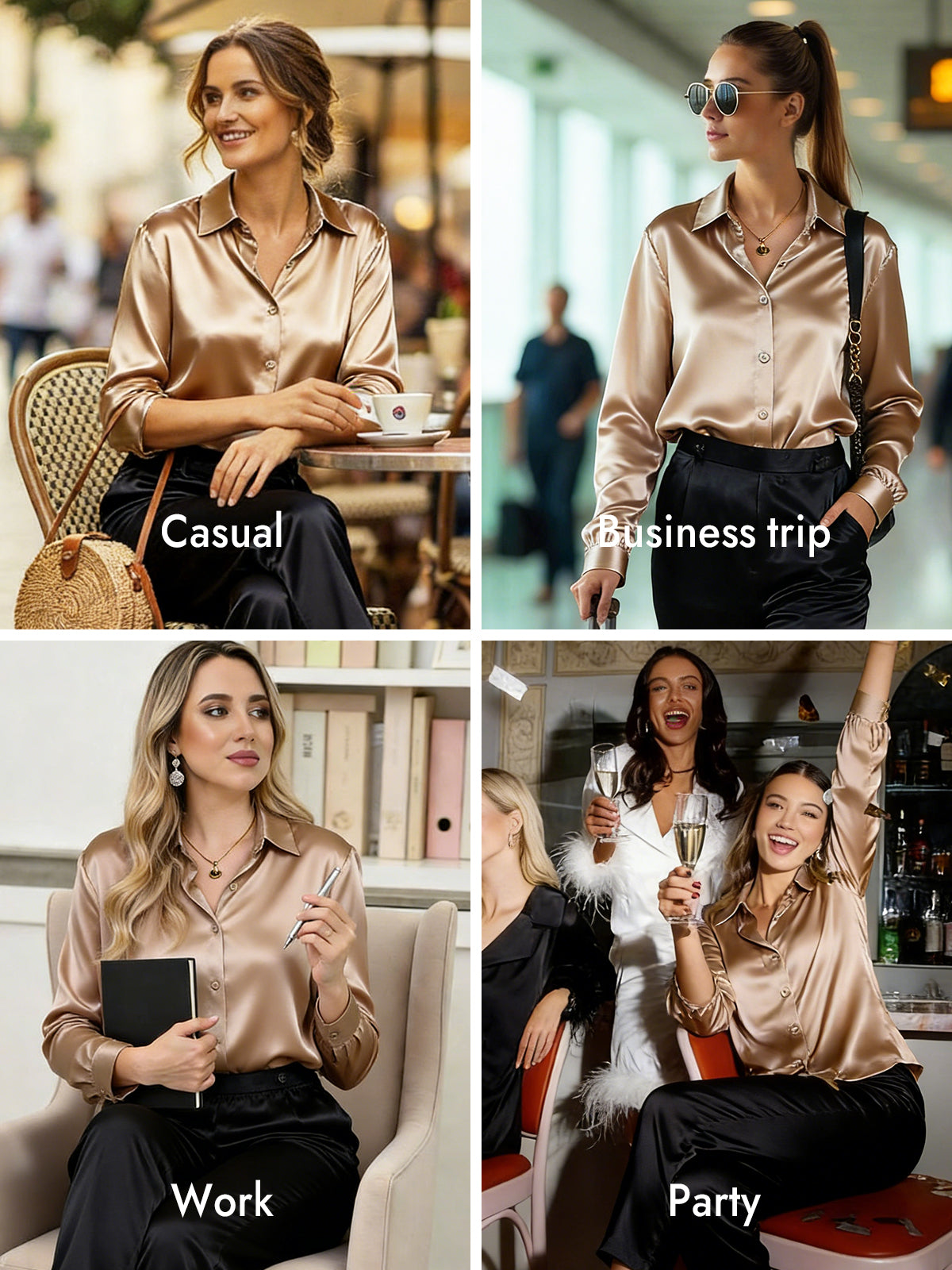 [Champagne] SilkSilky-UK Silk Long Sleeve Collar Women's Shirt 011