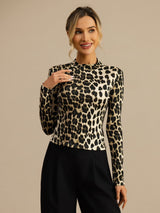 [Leopard] SilkSilky-UK 100% Silk Jersey Long Sleeve Mock Neck Women's T-Shirt 003