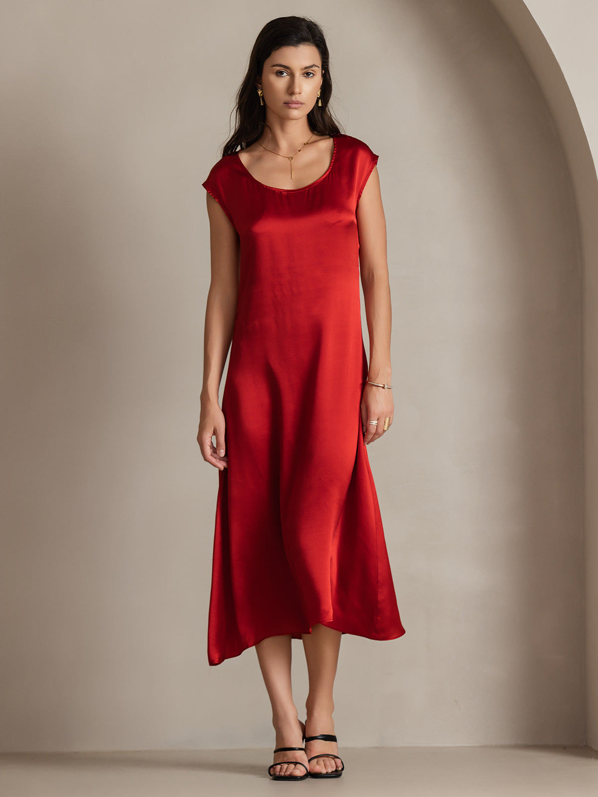 [Wine] SilkSilky-UK 19Momme Silk Round Neck Dress 003