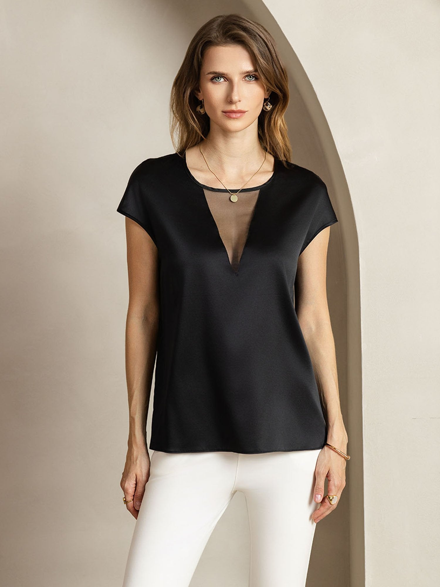 [Black] SilkSilky-UK 19Momme Silk Halter Neck Women's T-Shirt 001