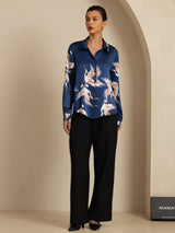 [Dark Blue] SilkSilky-UK Long Sleeve Lapel Collar Women's Shirt 008