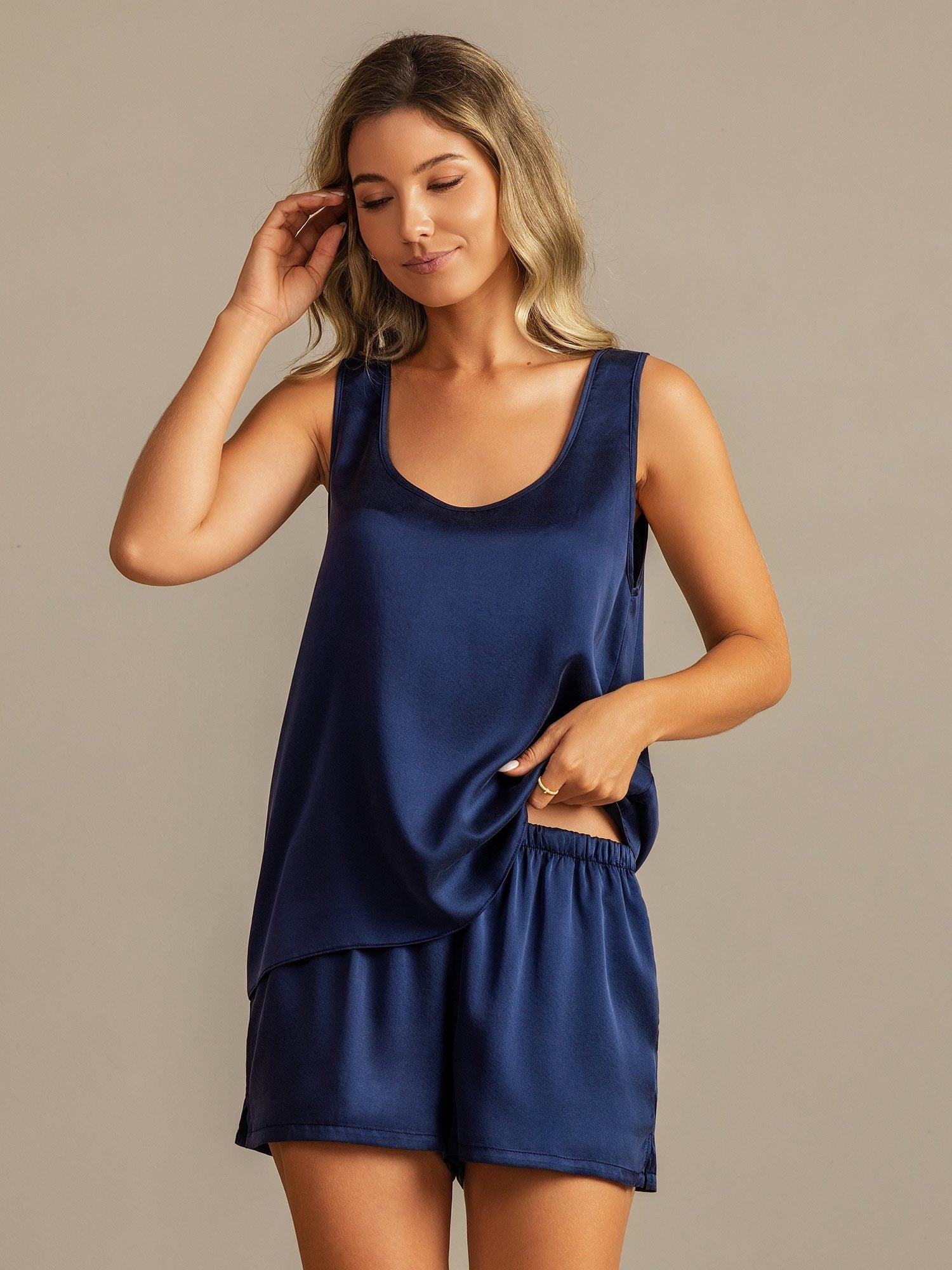 [DarkBlue] SilkSilky-UK 19Momme Washable Silk U Neck Women's Pyjamas 007