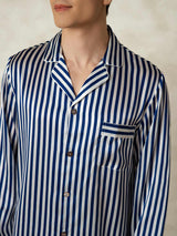[Navy Stripe] SilkSilky-UK 19Momme Pure Silk Mens Pajamas 006,