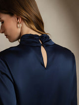 [Dark Blue] SilkSilky-UK 19Momme Silk Keyhole Neck Women's Shirt 004