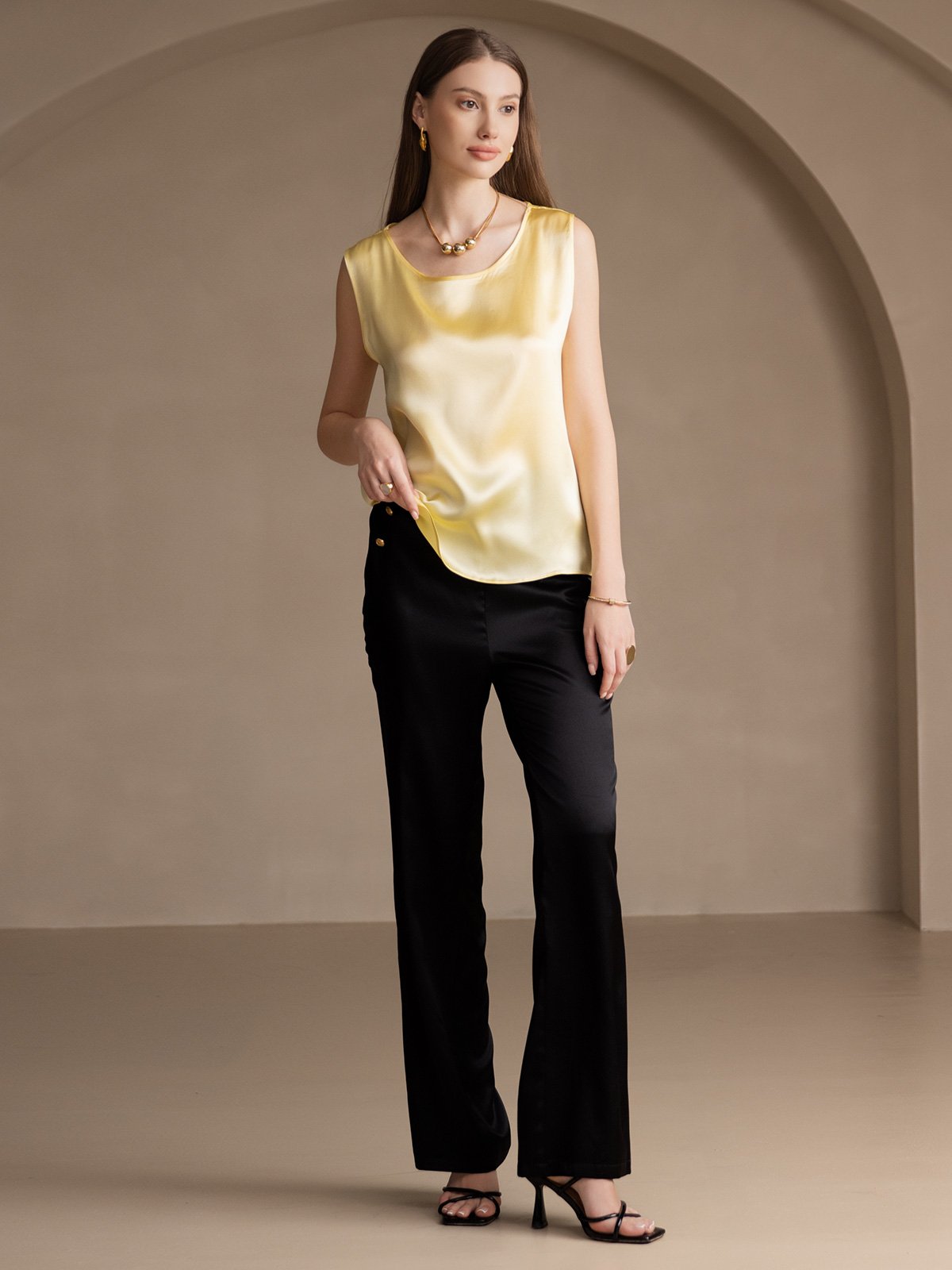 [Light Yellow] SilkSilky-UK 19Momme Silk Round Neck Camisole 006