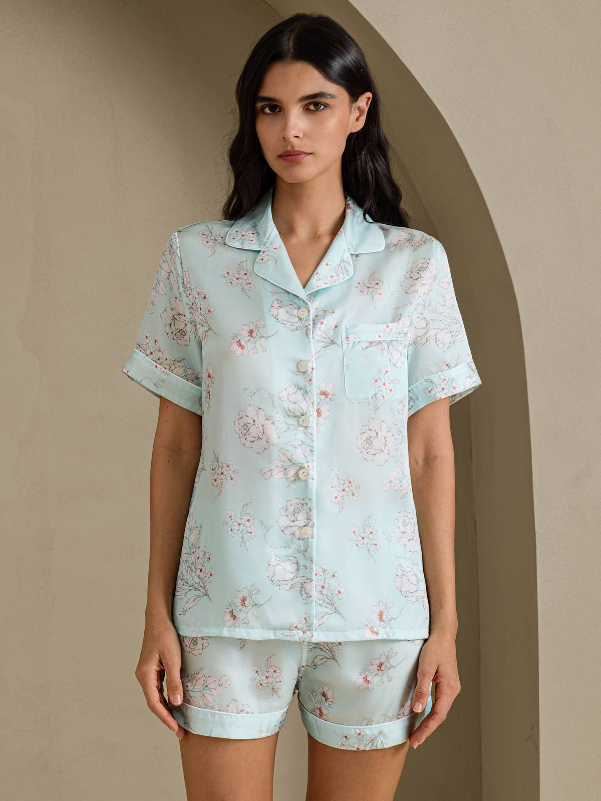 [Sky Floral] SilkSilky-UK Short Sleeve Notch Collar Women's Pyjamas 001