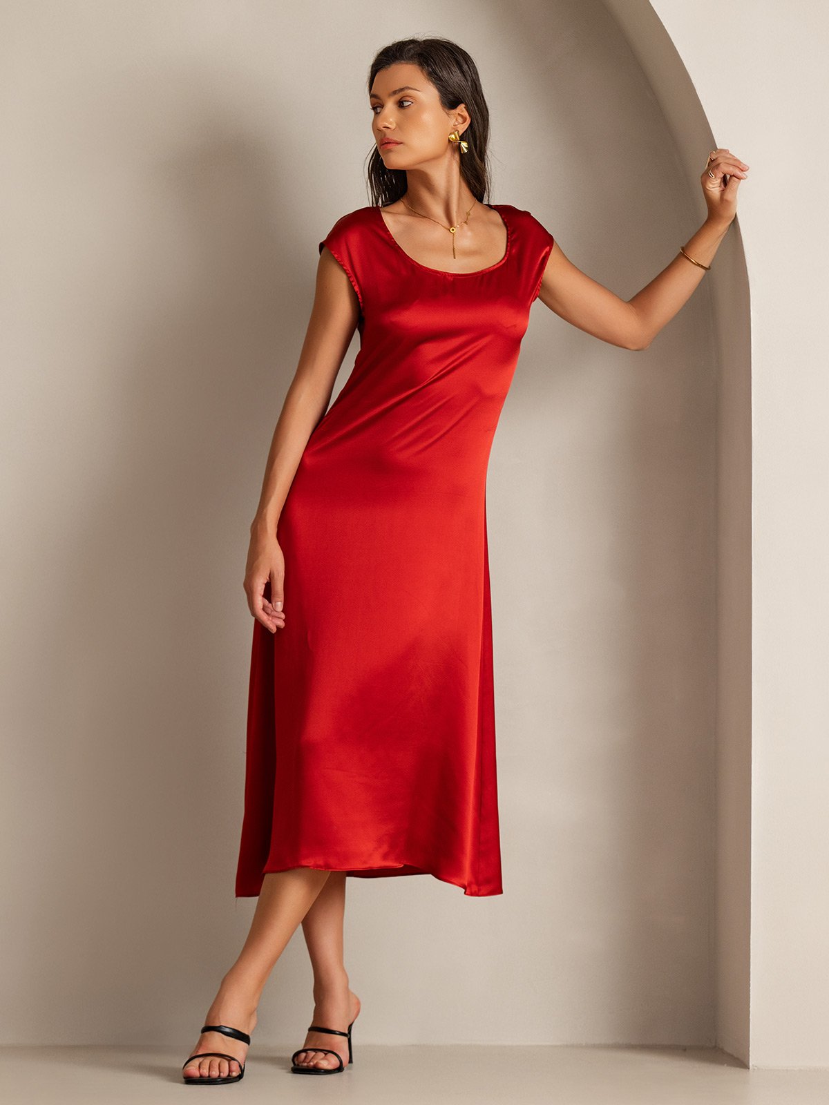 [Wine] SilkSilky-UK 19Momme Silk Cap Sleeve Round Neck Dress 004