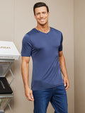 SilkSilky UK Silk Knitted Short Sleeve V Neck Men's T Shirt DarkBlue 003