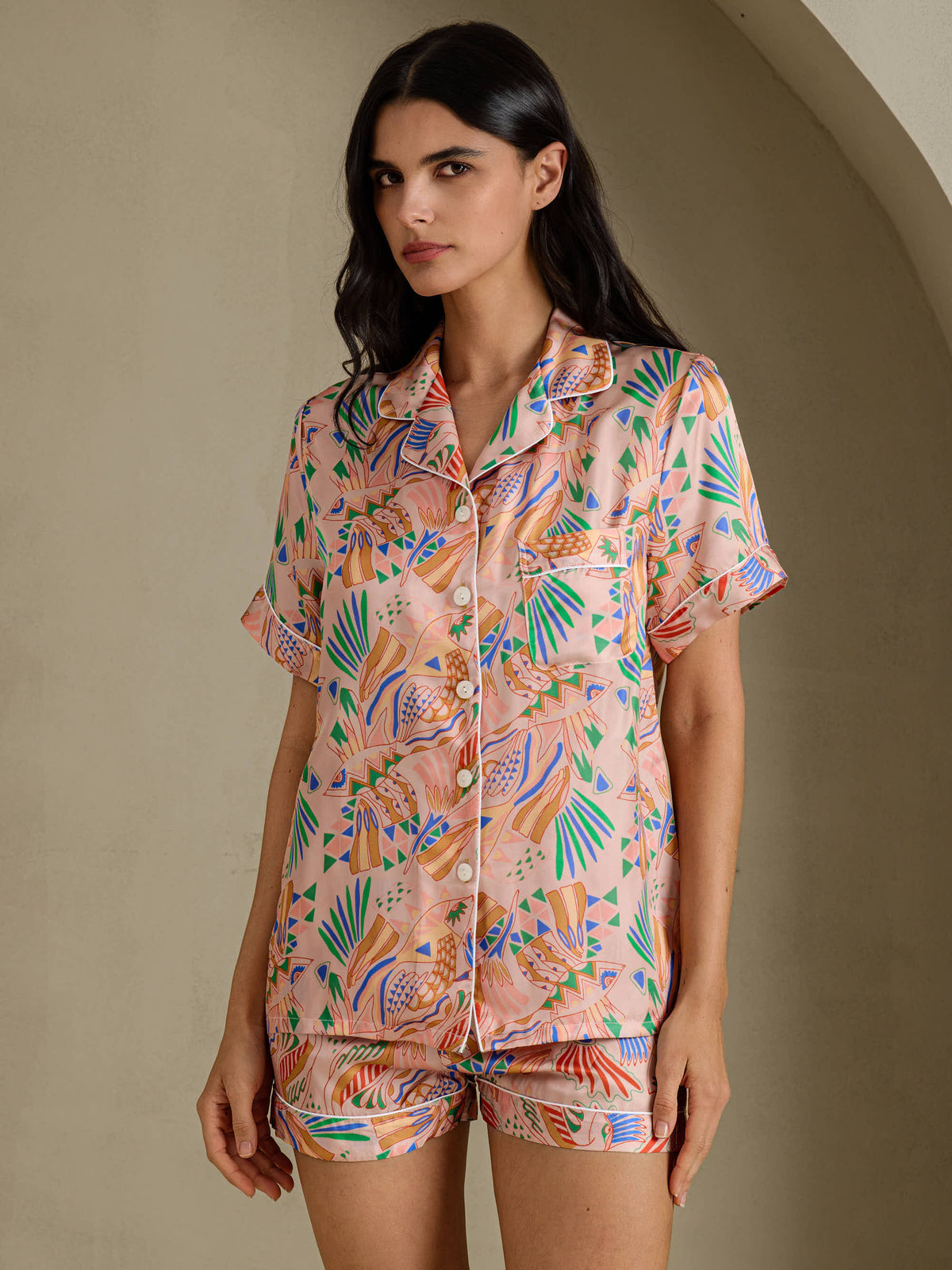 [Pink Fauna] SilkSilky-UK Short Sleeve Notch Collar Women's Pyjamas 001