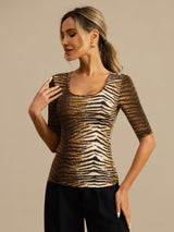 [Tiger] SilkSilky-UK 100% Silk Jersey Half Sleeve Scoop Neck Women's T-Shirt 003