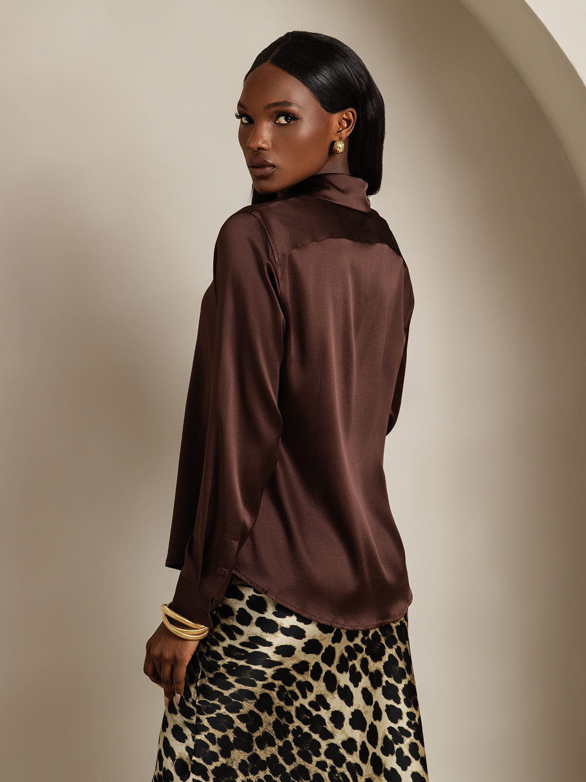 [Bitter Chocolate] SilkSilky-UK Silk Long Sleeve Collar Women's Shirt 002