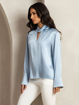 [Grayish Blue] SilkSilky-UK 19Momme Silk Keyhole Neck Women's Shirt 002