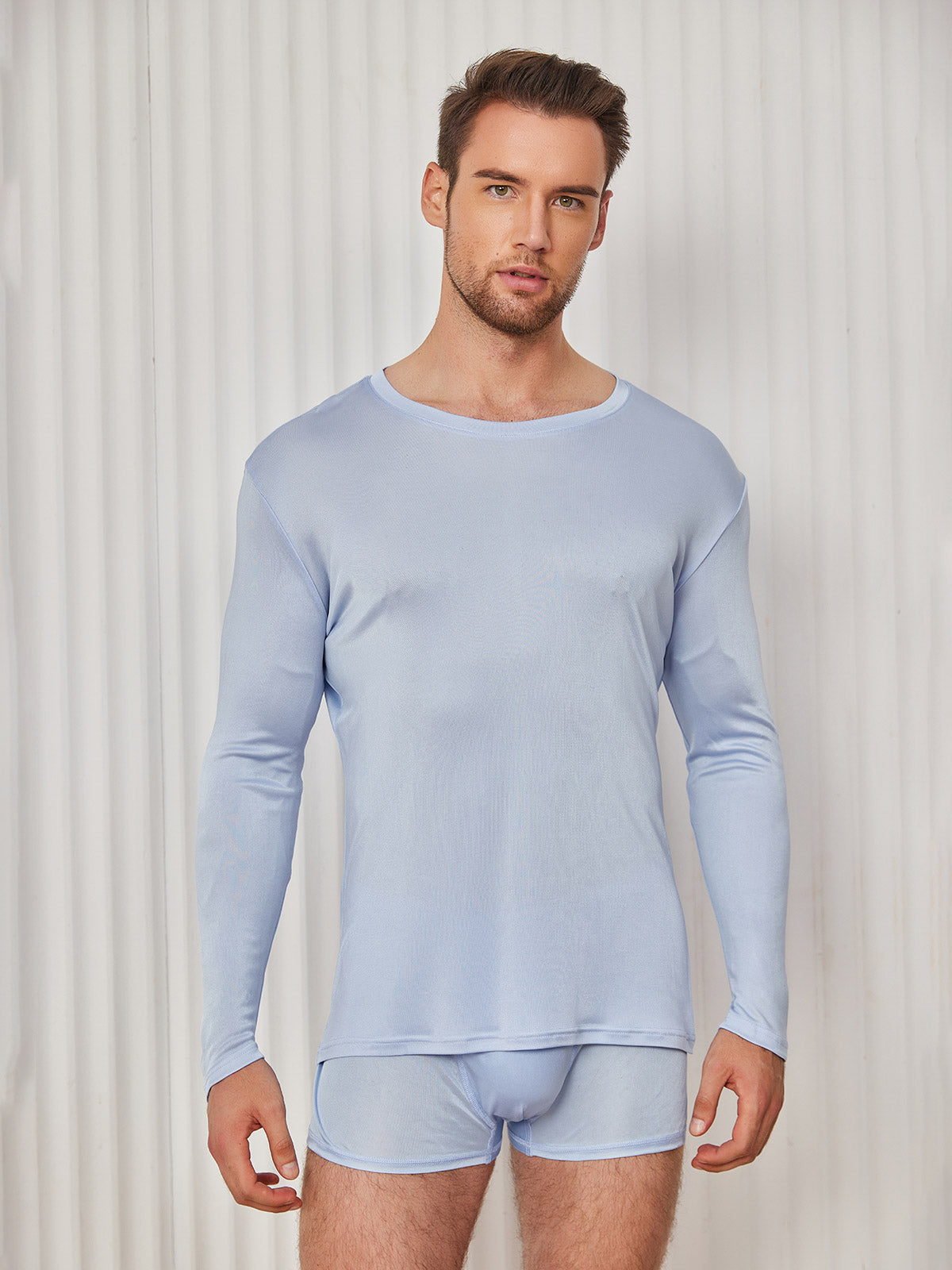 [Light Blue] SilkSilky-UK 100% Silk Jersey Long Sleeve Round Neck Men's T-Shirt 001