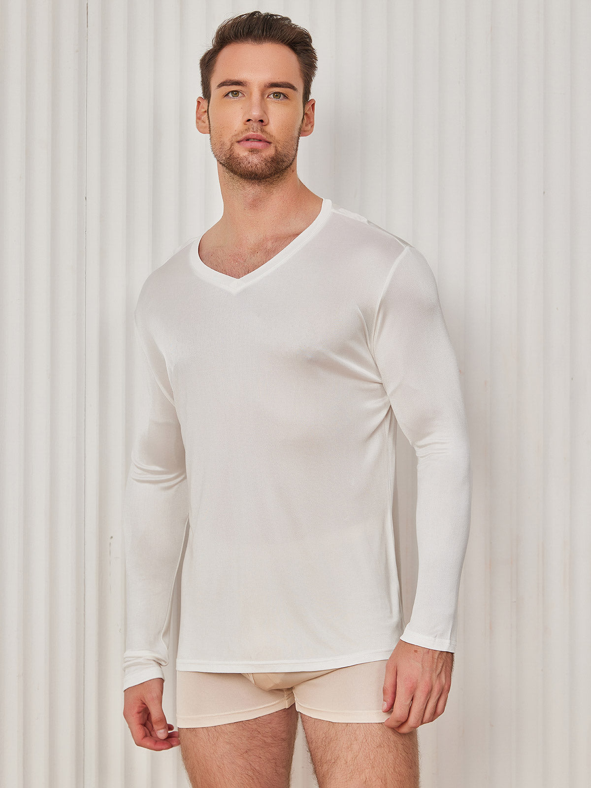 SilkSilky UK Silk Knitted Long Sleeve V Neck Men's T Shirt White 001