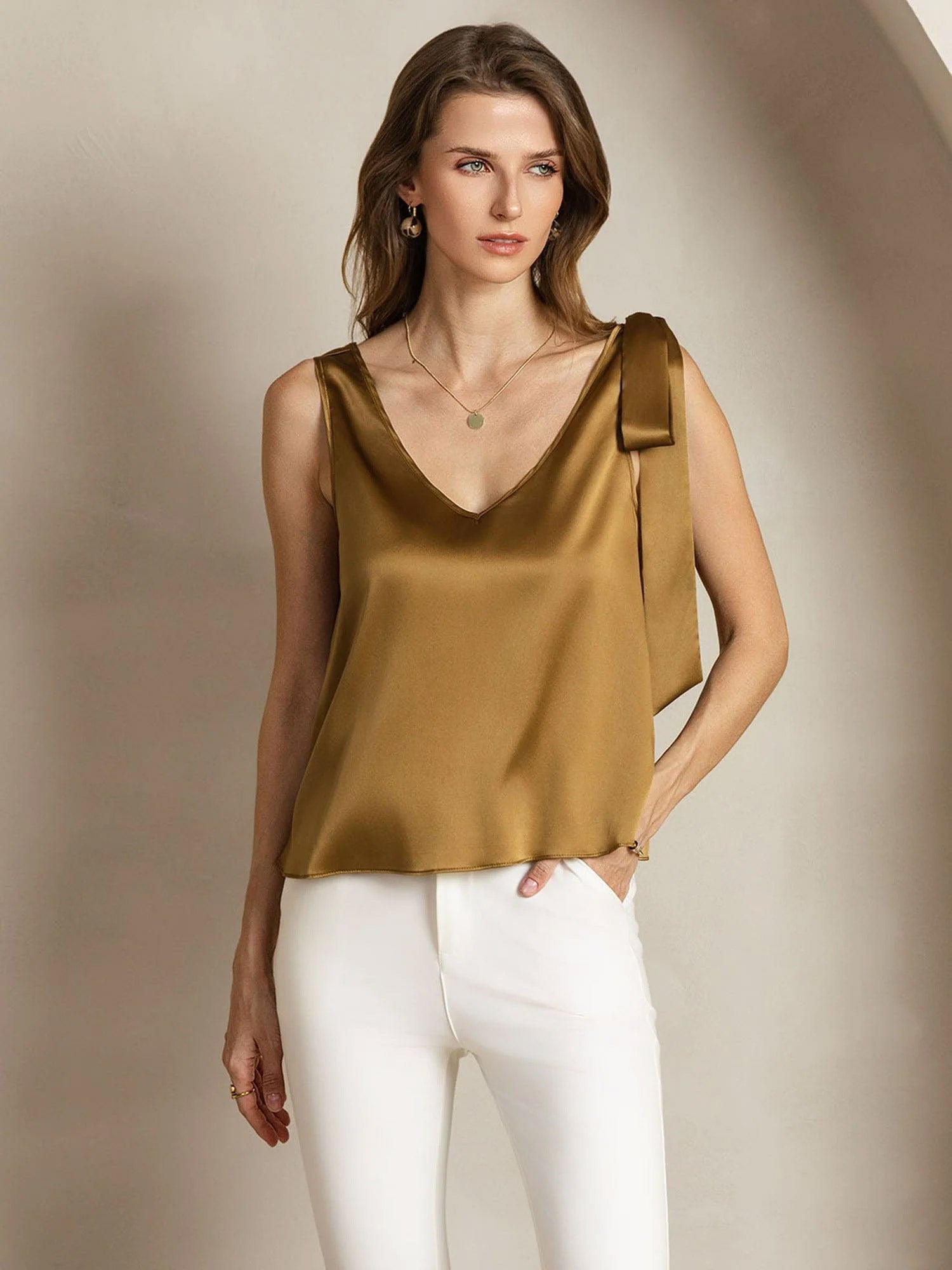 [Bronze] SilkSilky-UK 19Momme Silk V Neck Women's T-Shirt 006