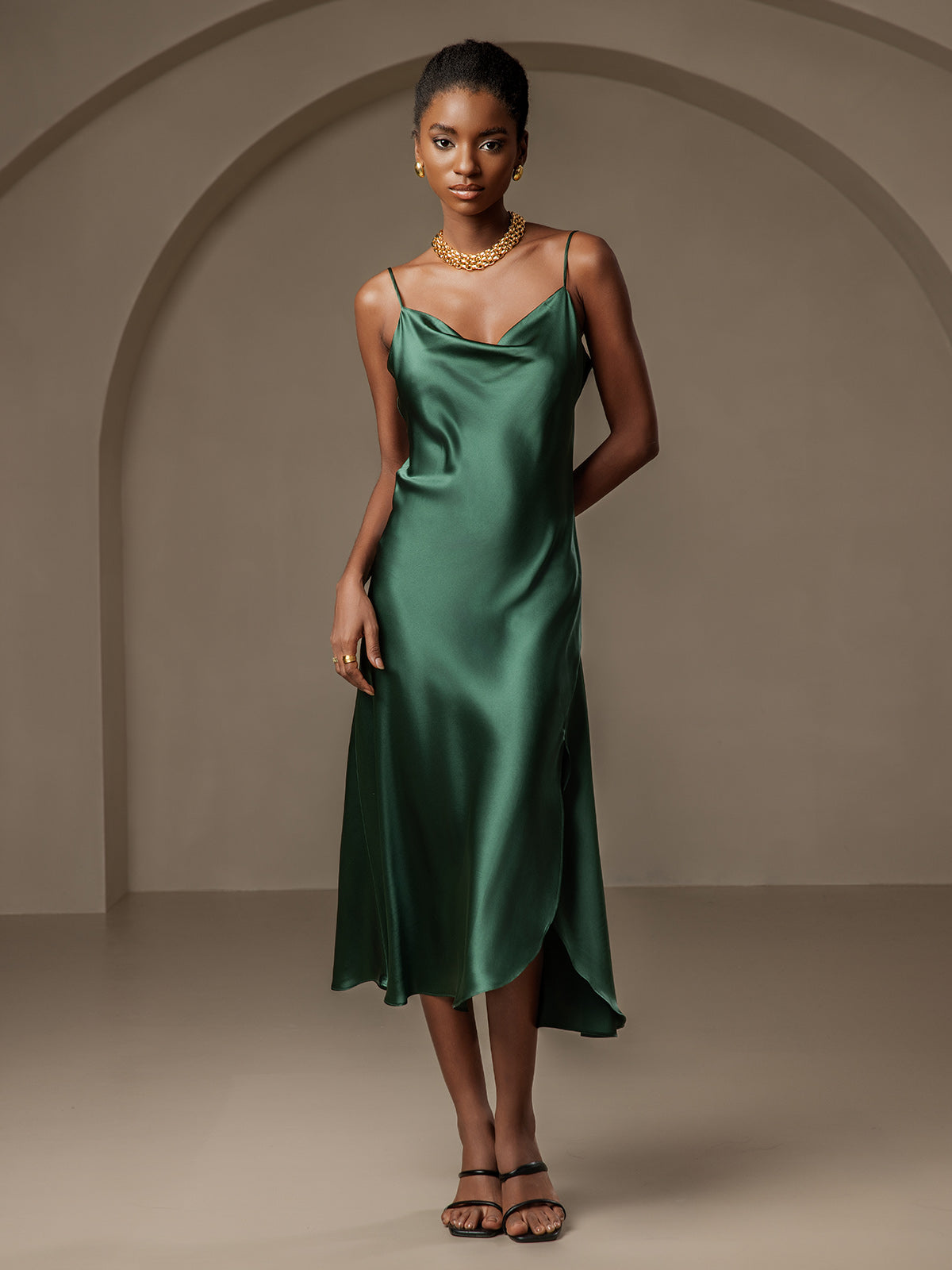 [Dark Green] SilkSilky-UK 19Momme Pure Silk Cowl Neck Dress 001