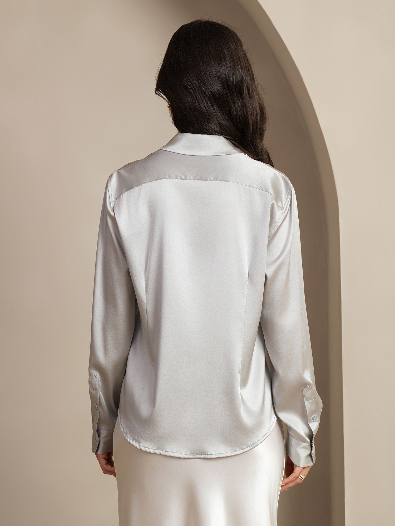 [Light Gray] SilkSilky-UK 19Momme Stretch Silk Charmeuse Long Sleeve Lapel Collar Women's Shirt 002