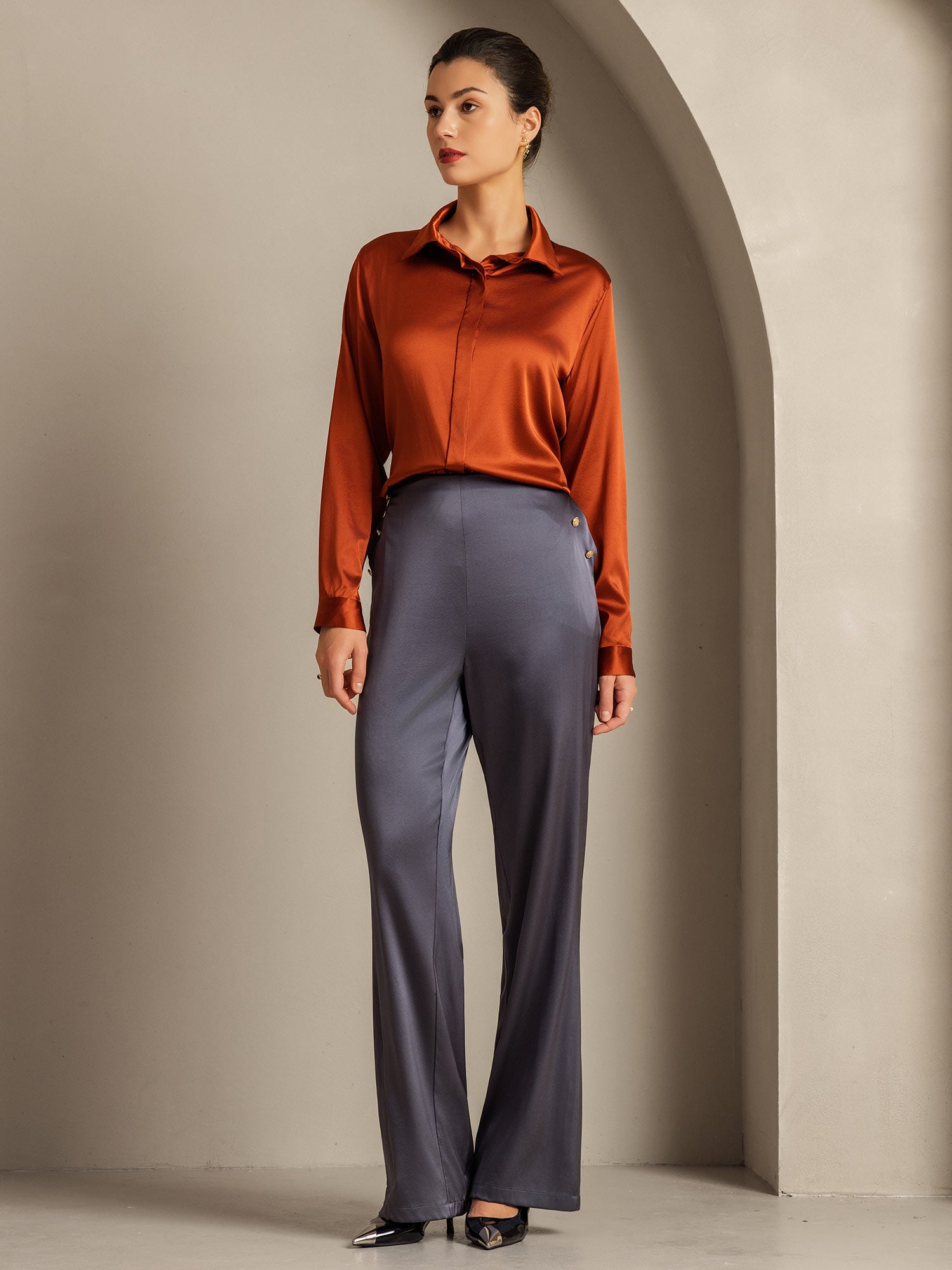 [Caramel] SilkSilky-UK 19Momme Silk Collar Women's Shirt 010