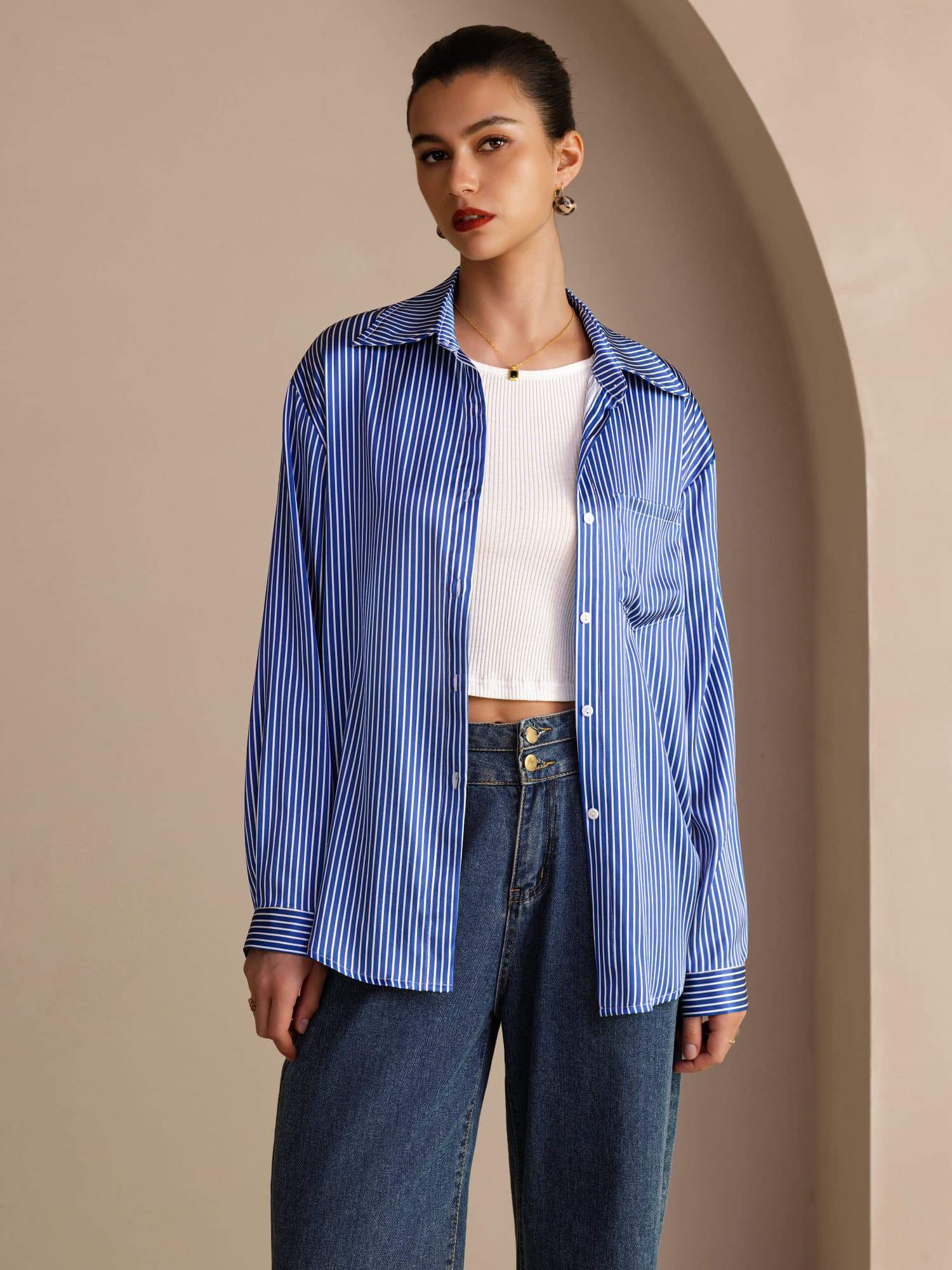 [Blue Pinstripe] SilkSilky-UK Long Sleeve Lapel Collar Women's Shirt 001