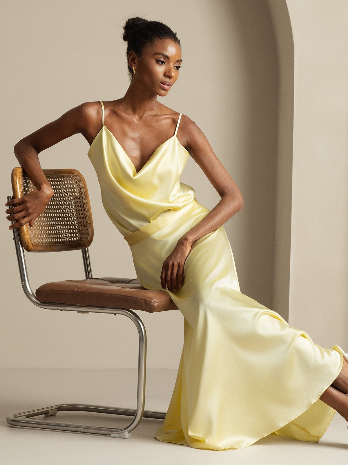 [Light Yellow] SilkSilky-UK 19Momme Silk Knitted Cowl Neck Women''s Outfit Sets 007,